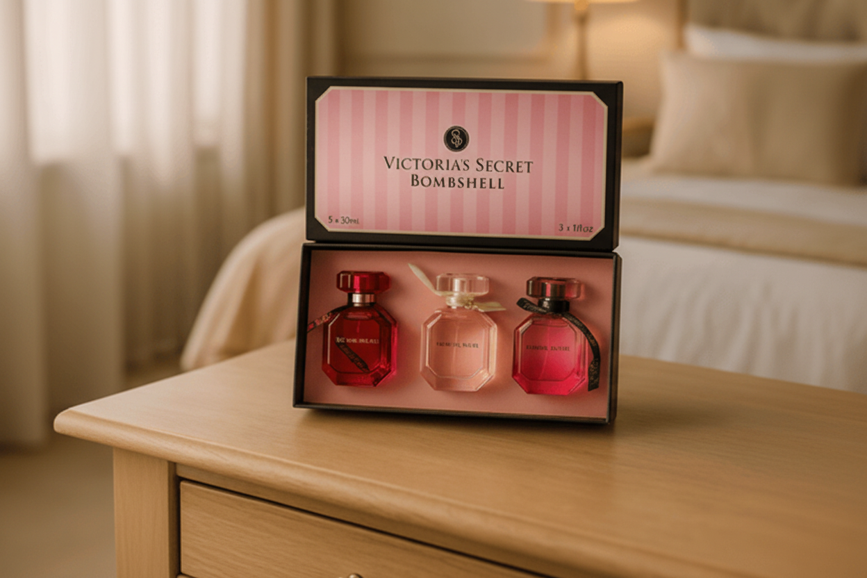 Victoria's Secret Bombshell perfume set on a wooden dresser in a bedroom setting.