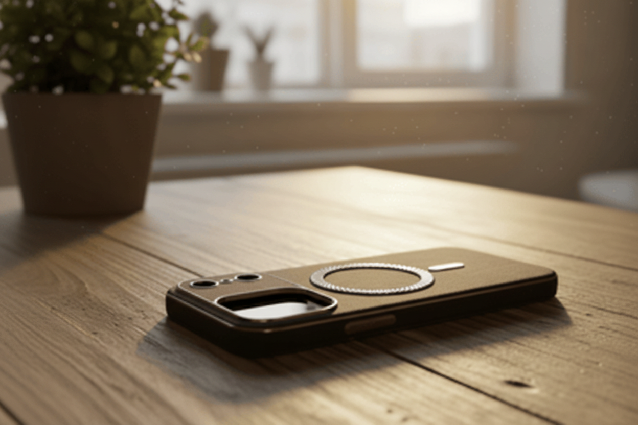 Phone case with magnetic ring on a wooden table with a blurred indoor background