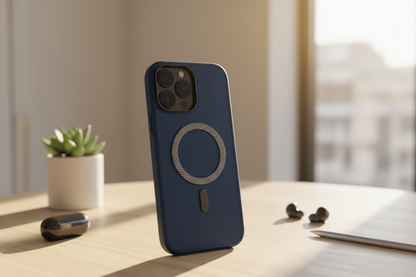 Blue phone case with magnetic ring on a desk with a plant and laptop in the background