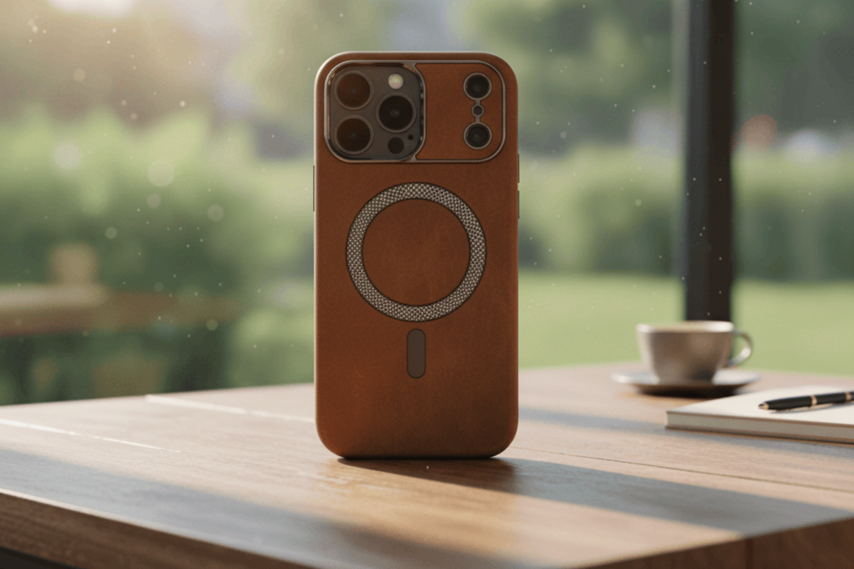 Brown leather phone case with magnetic design on a wooden table with a blurred green outdoor background
