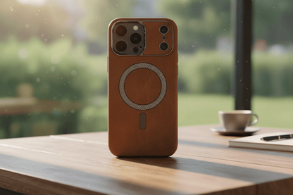 Brown leather phone case with magnetic design on a wooden table with a blurred green outdoor background
