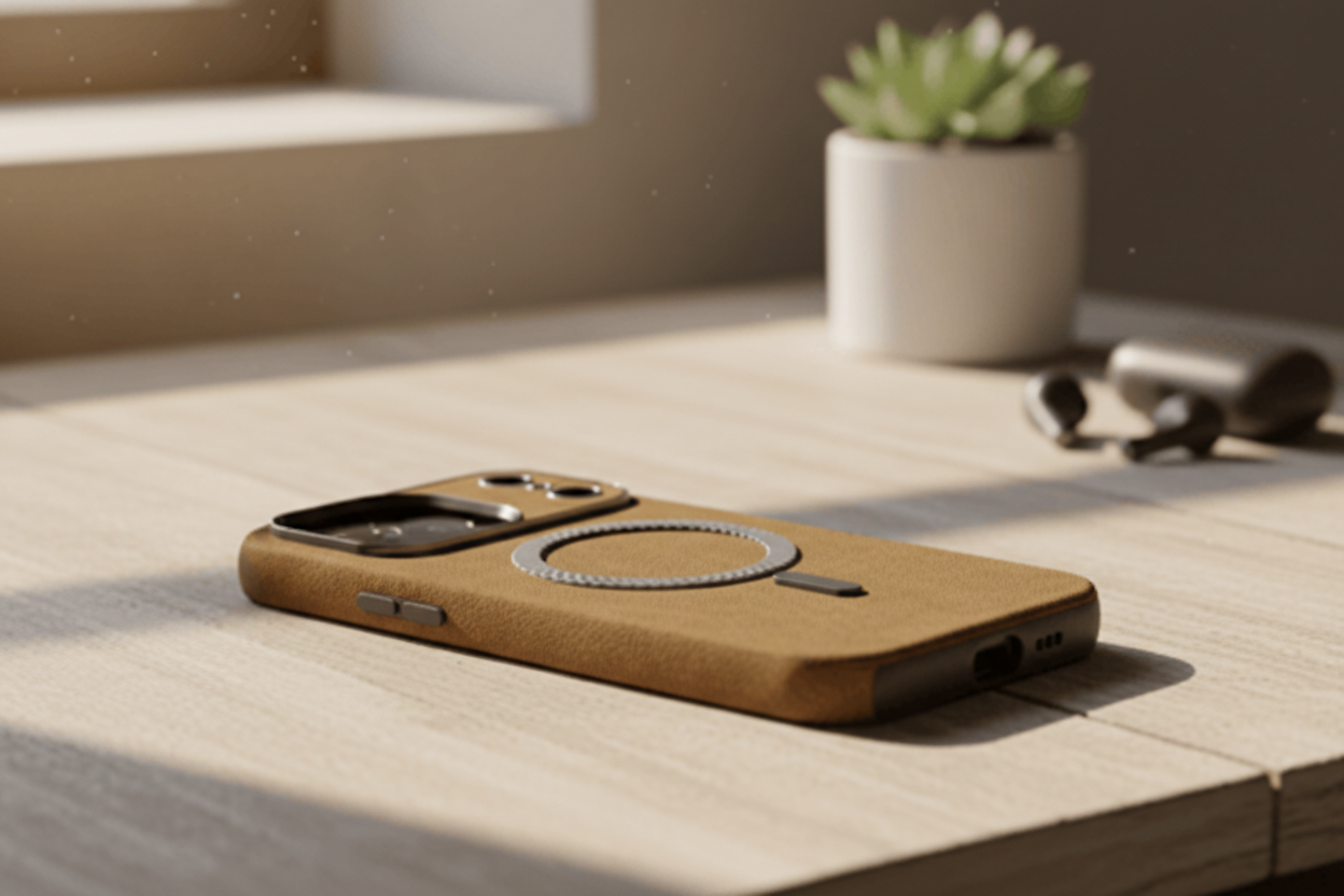 Wooden phone case on a wooden surface with a plant in the background