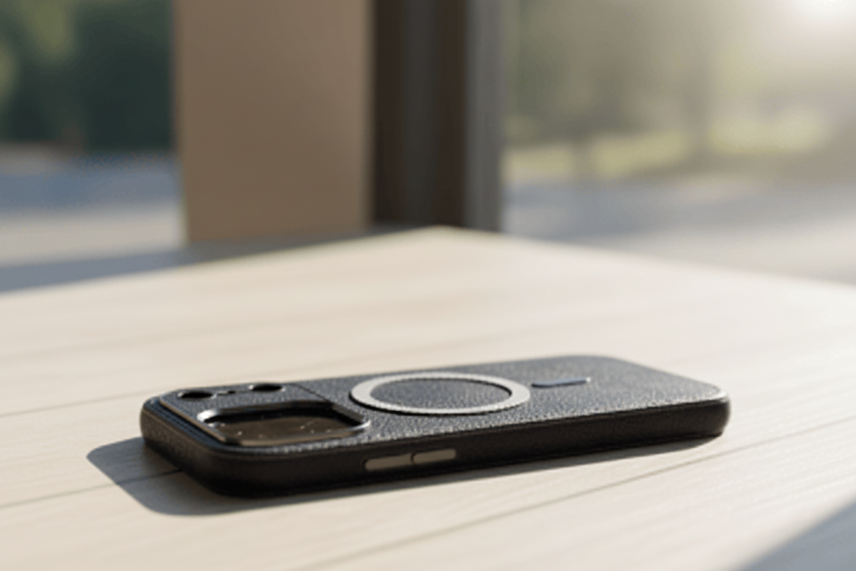 Blue phone case on a wooden surface with blurred background
