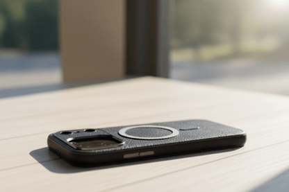 Blue phone case on a wooden surface with blurred background