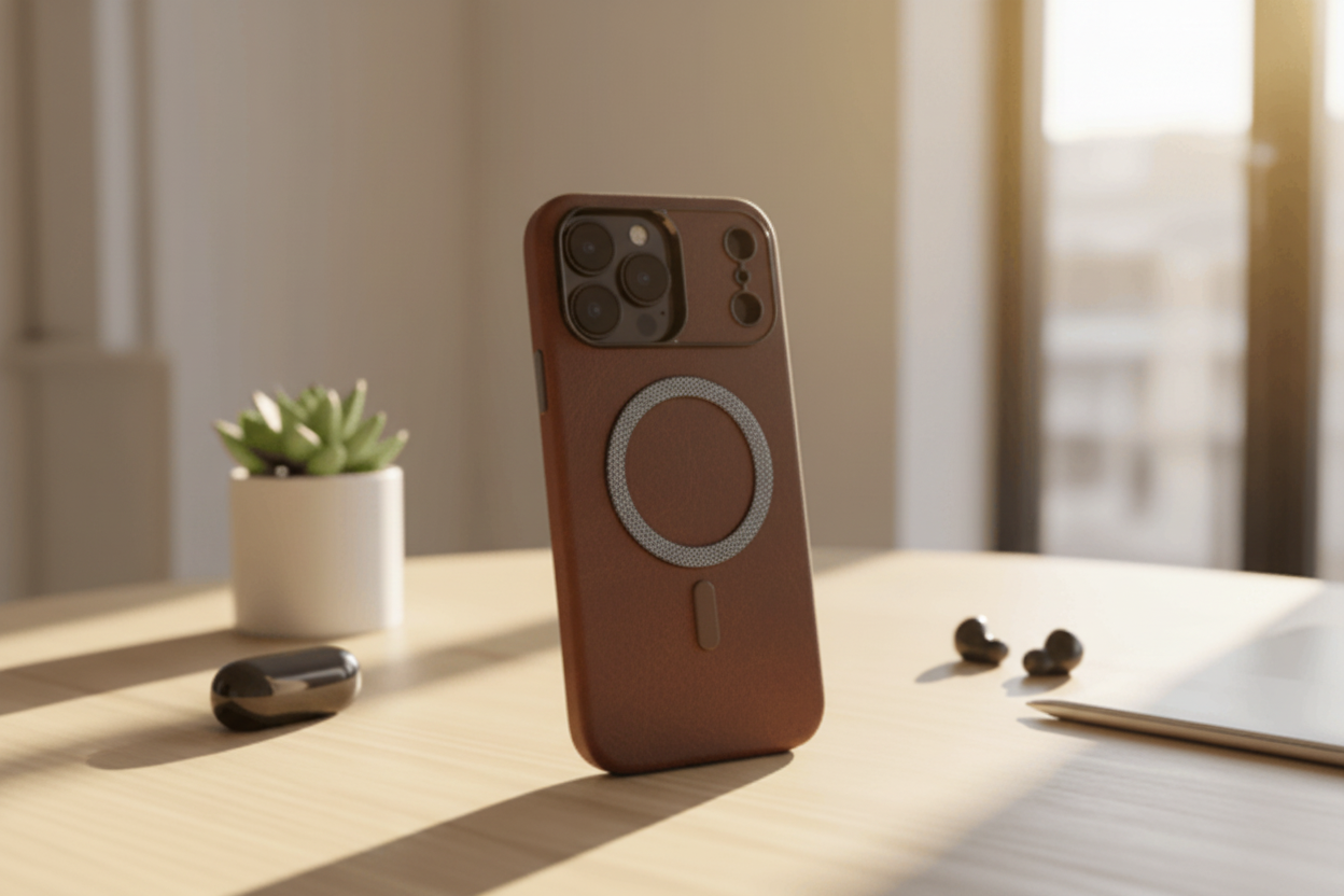 Phone case with magnetic design on a desk with a plant and remote control in the background