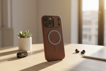 Phone case with magnetic design on a desk with a plant and remote control in the background
