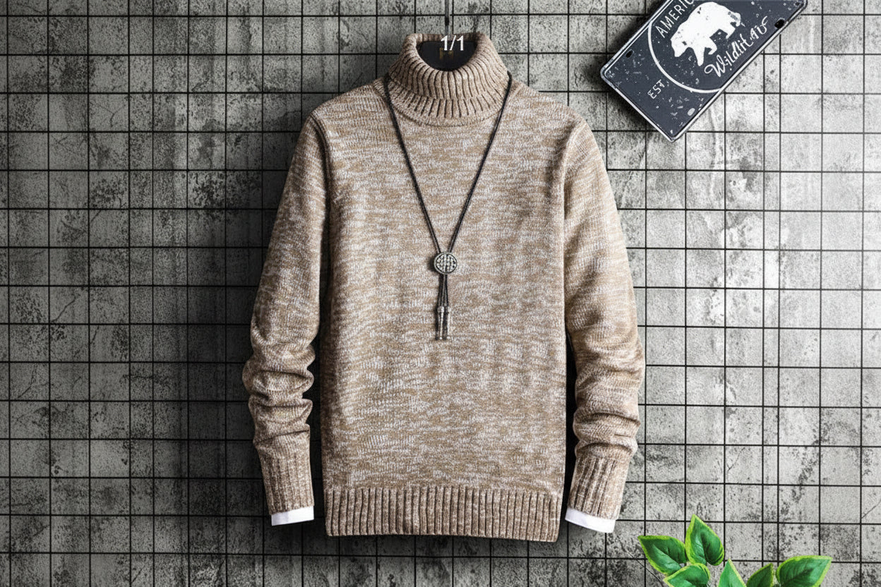 Beige turtleneck sweater with a necklace on a grid background