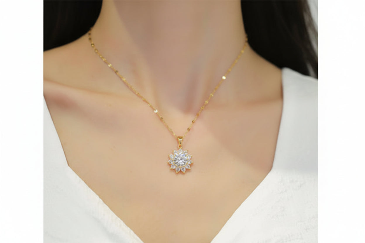 Gold necklace with a diamond pendant on a mannequin