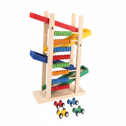 Children's toy with colorful abacus and sliding cars on a white background