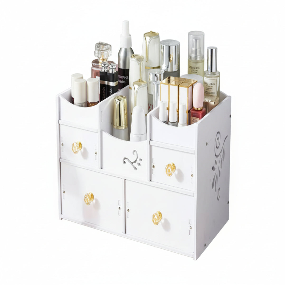 White cosmetic organizer with various beauty products on a white background