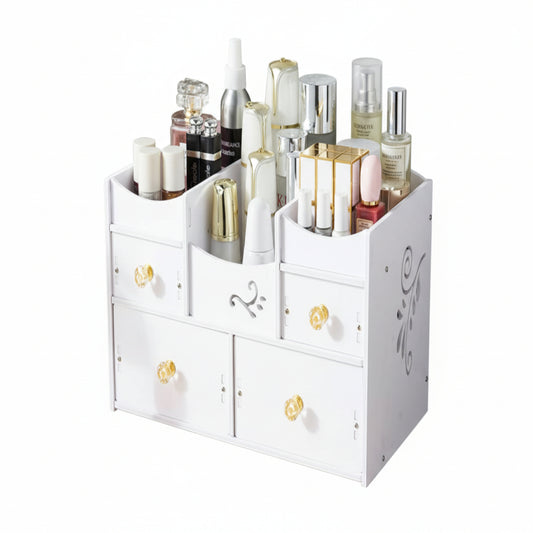 White cosmetic organizer with various beauty products on a white background
