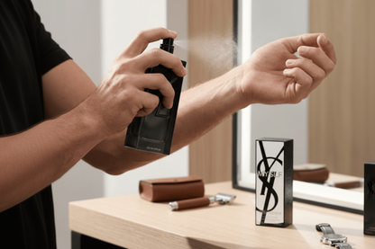 Person applying Yves Saint Laurent perfume to their wrist with a mirror and vanity in the background.